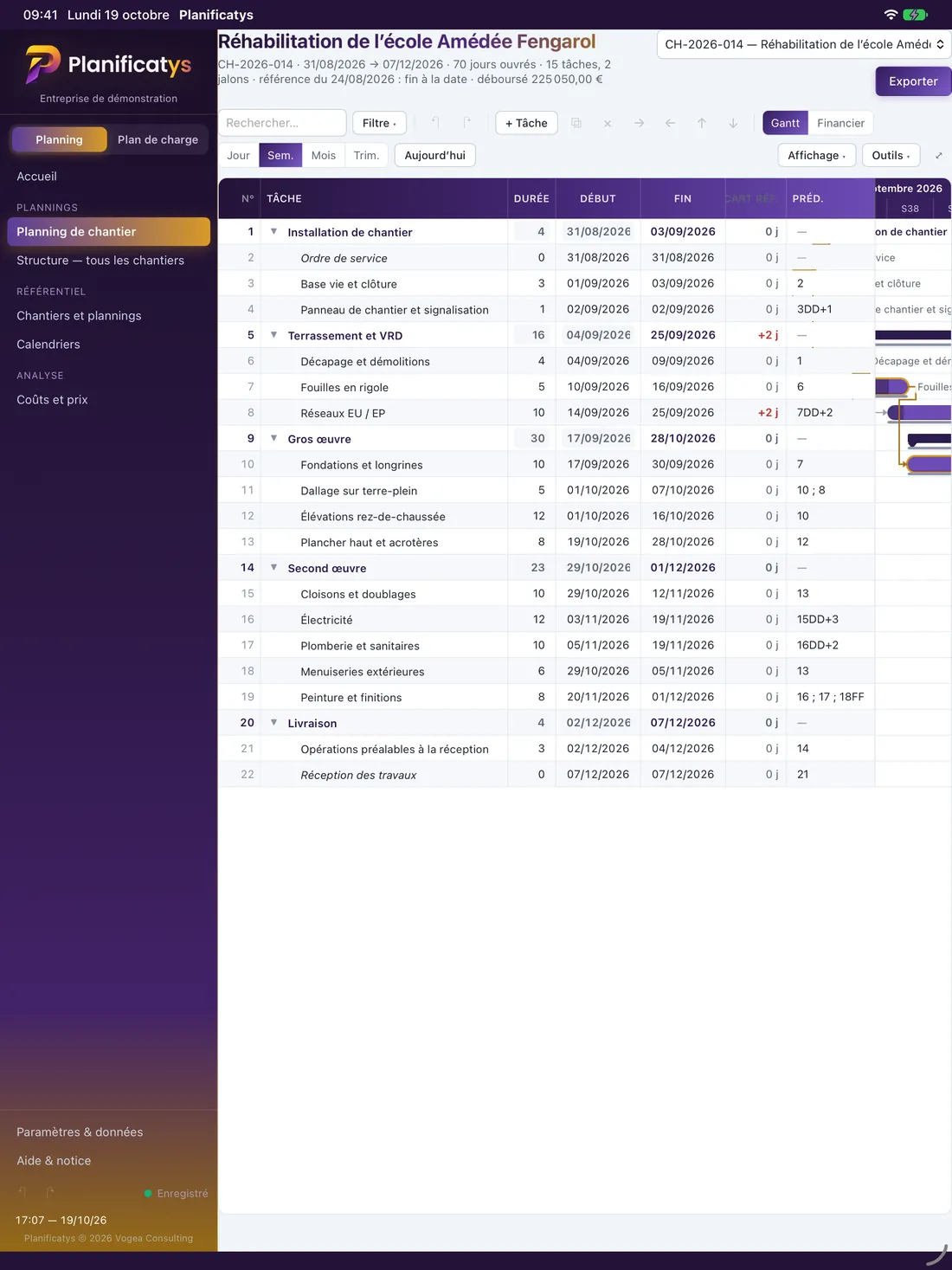 Le planning d’un chantier dans Planificatys sur iPad