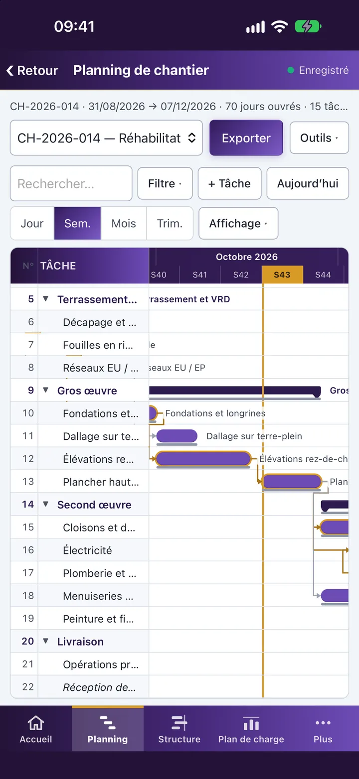 Le planning de chantier de Planificatys sur iPhone