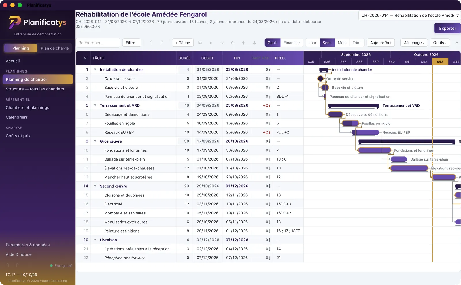 Le planning d’un chantier dans Planificatys sur Mac : tableau des tâches et diagramme de Gantt, lots, liens et chemin critique